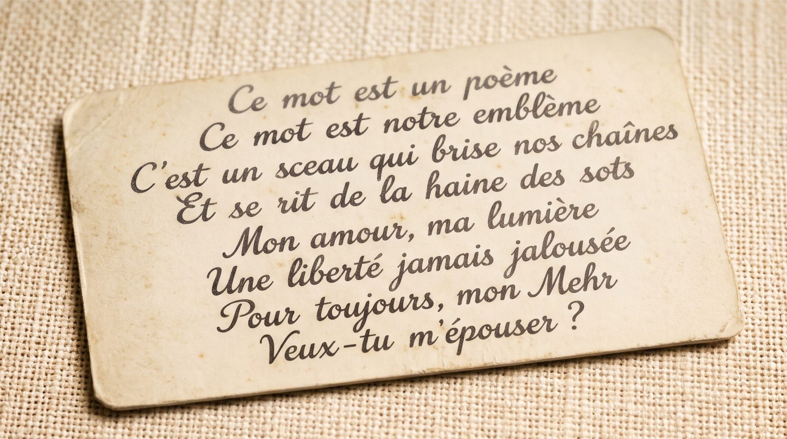 La carte-poème de Mehr, posée sur le lin : les vers du mot totem, jusqu'à la question